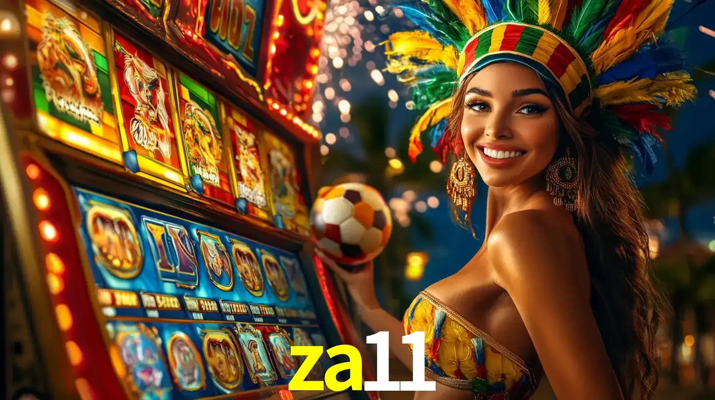 Mulher com um cocar de carnaval ao lado de uma máquina de caça-níqueis enquanto segura uma bola de futebol, mostrando a união da diversão de cassino e esportes no za11.