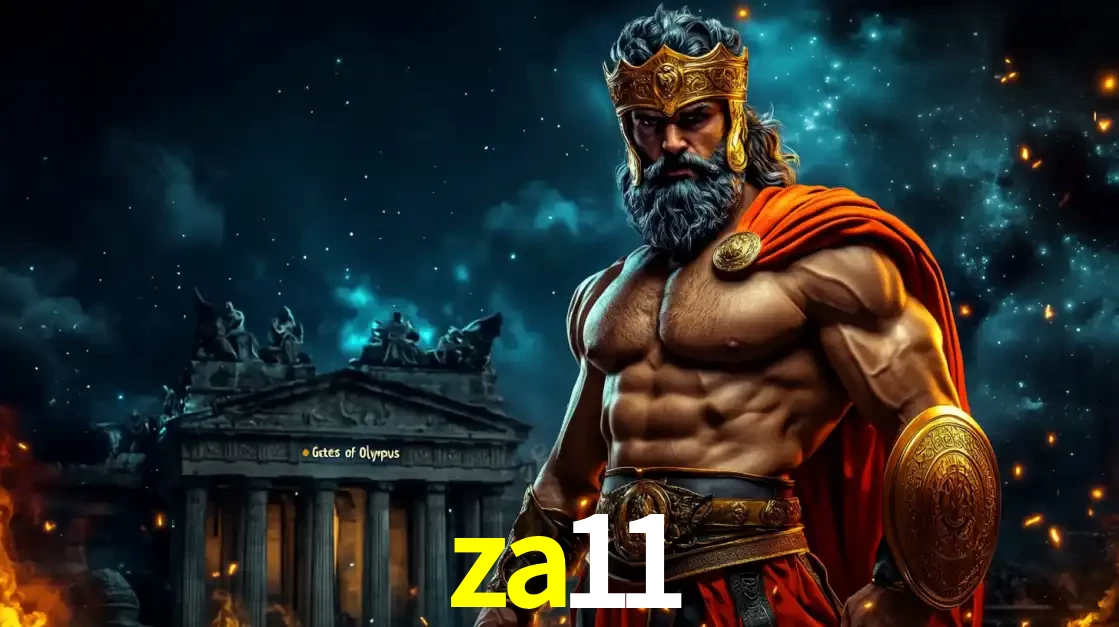 O poderoso Zeus do jogo de slot Gates of Olympus em frente ao seu templo, pronto para lançar multiplicadores divinos e prêmios épicos no cassino online za11.