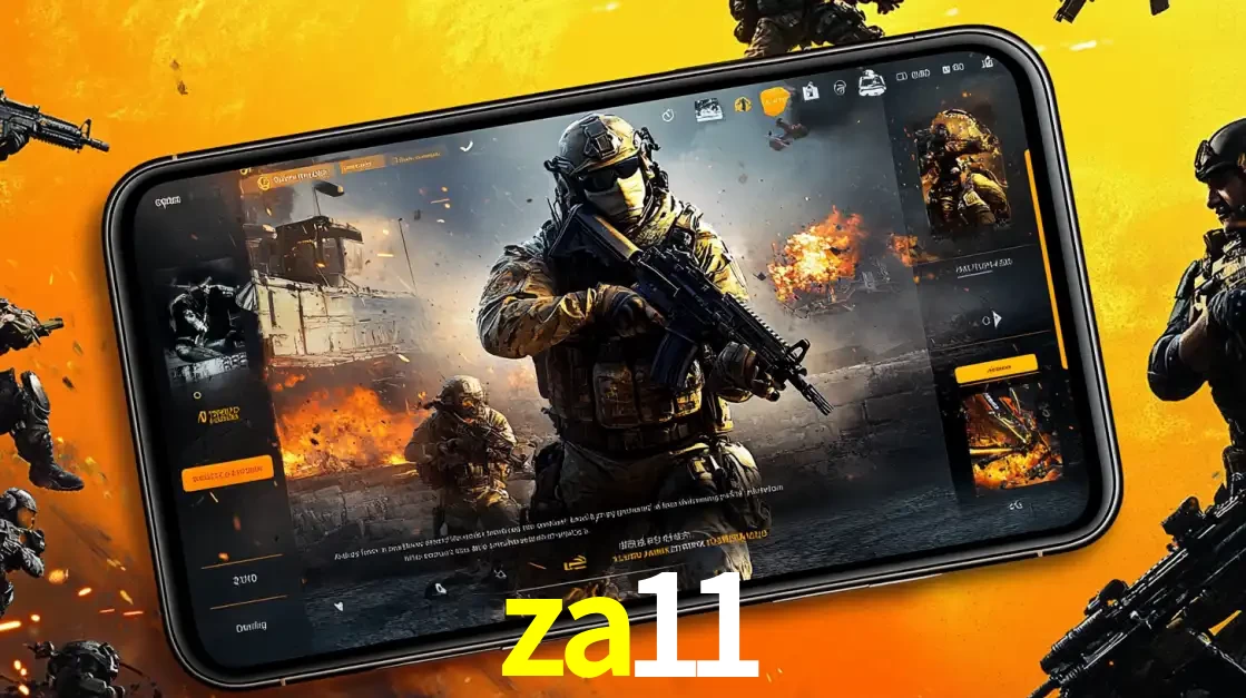 Um smartphone exibindo a interface de um jogo de tiro em primeira pessoa, com um soldado em um cenário de batalha, representando a ação dos e-sports para apostar no za11.